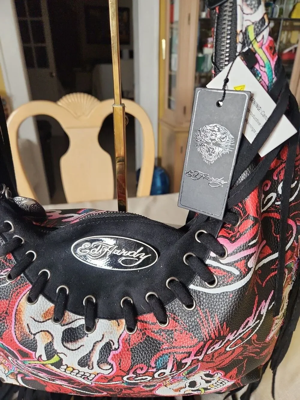 NWT Ed Hardy Fringed Hobo Shoulder Bag - Skulls & Roses - Red
